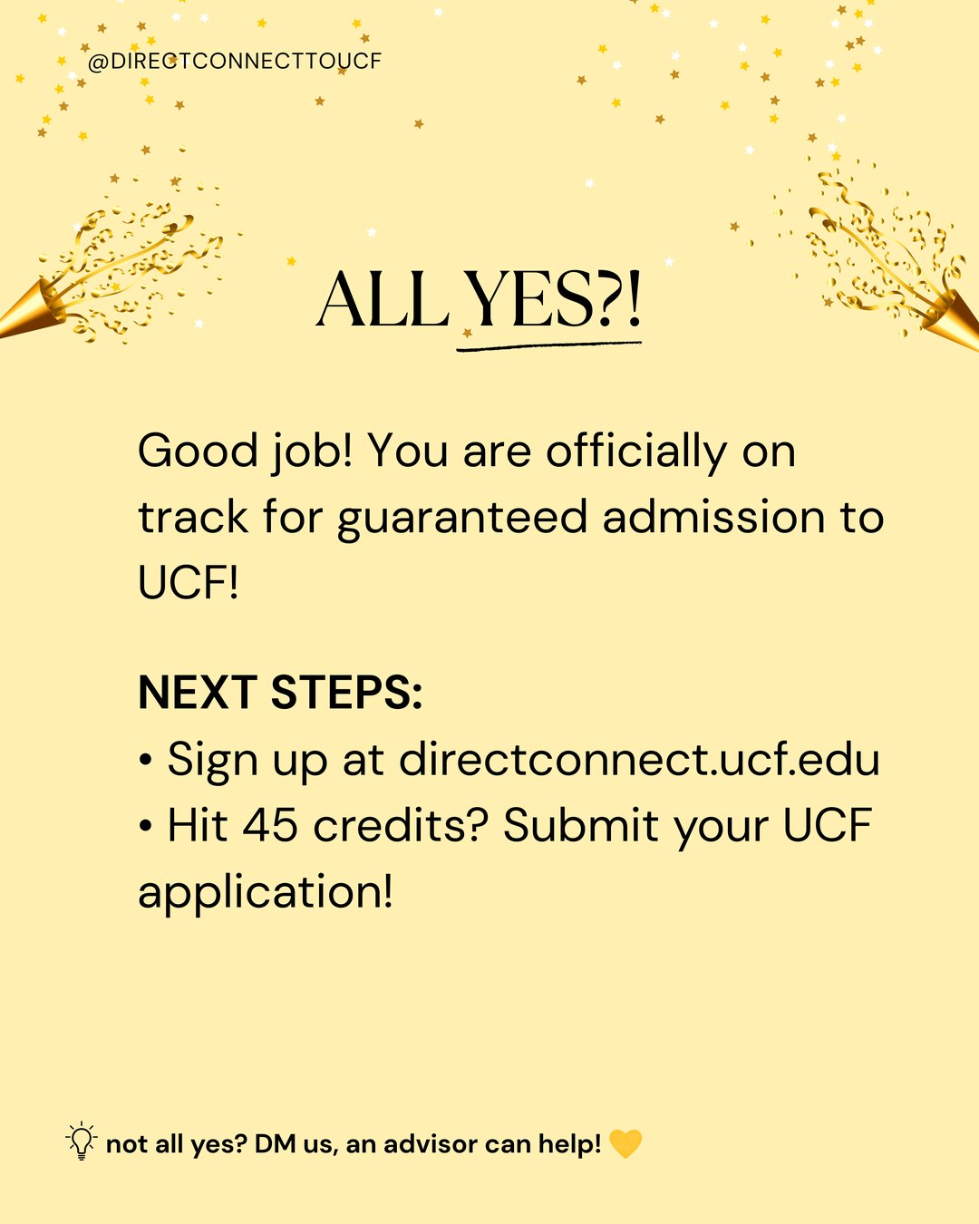 All yes? You're on track for guaranteed admission. Next steps: sign up and apply at 45 credits.