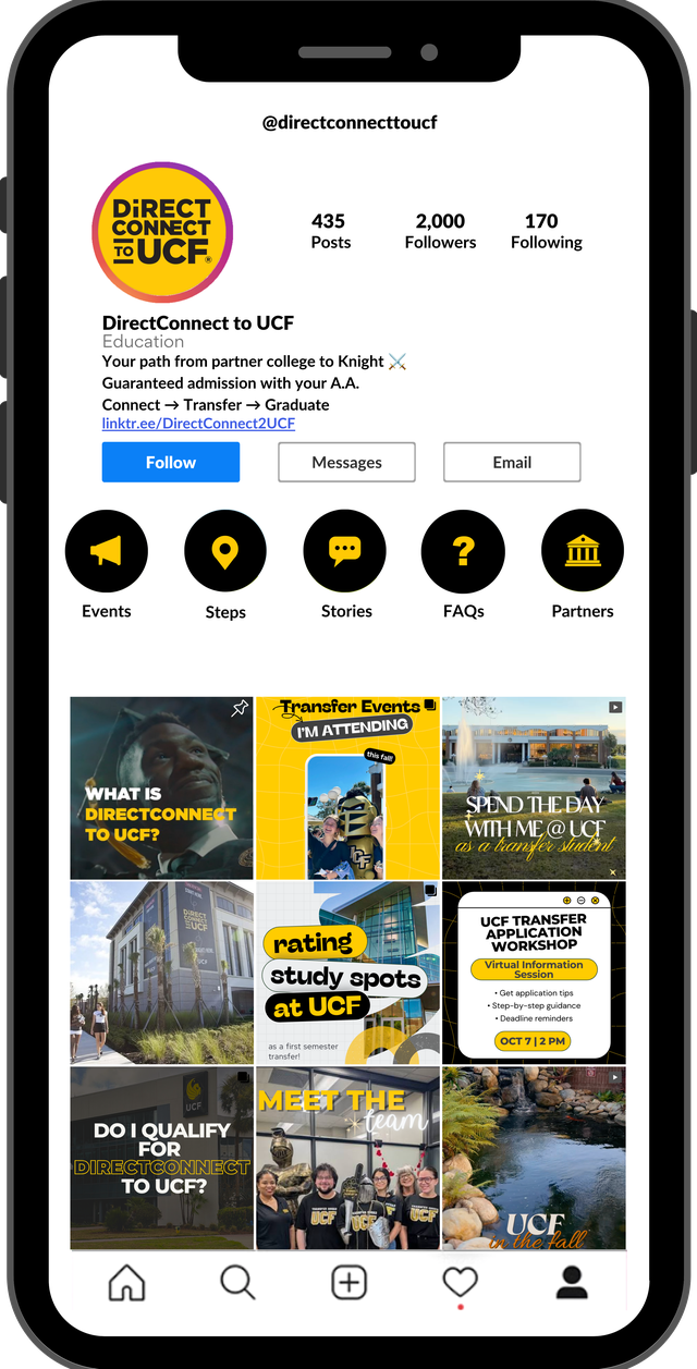 Concept Instagram profile for DirectConnect to UCF: a gold logo, a rewritten bio, five black-and-gold highlight covers, and a grid mixing reels, carousels, event posts and photos.